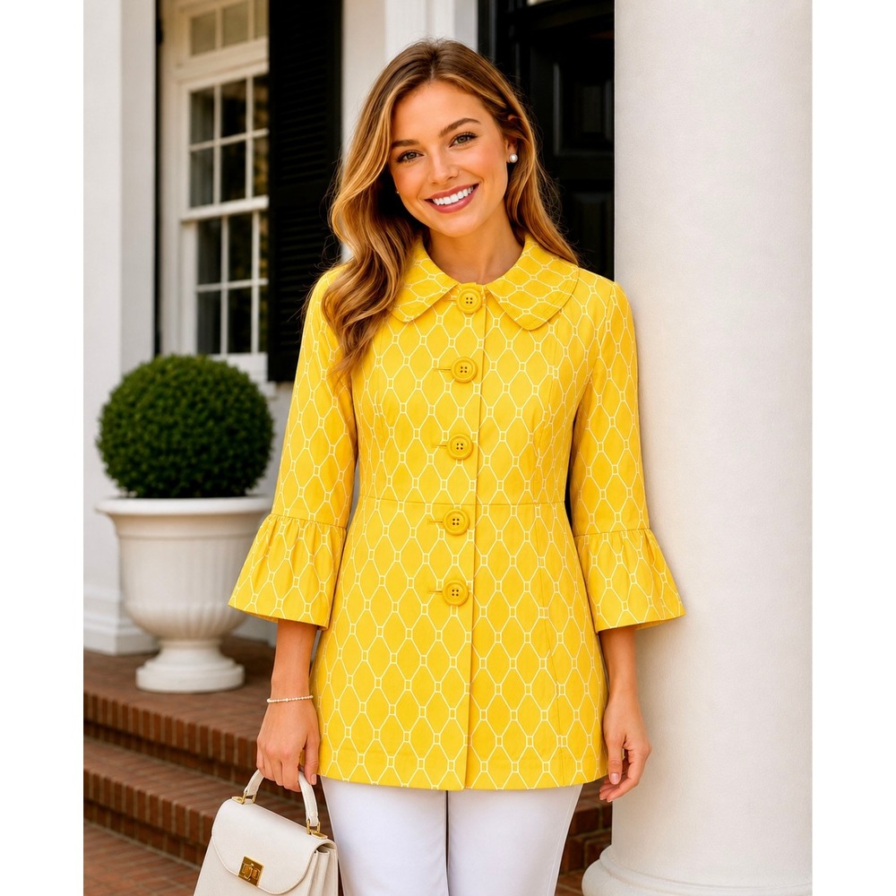 EDEN COURT Yellow White Geometric Print Coat Jacket Bell Sleeves‎ Pockets Large